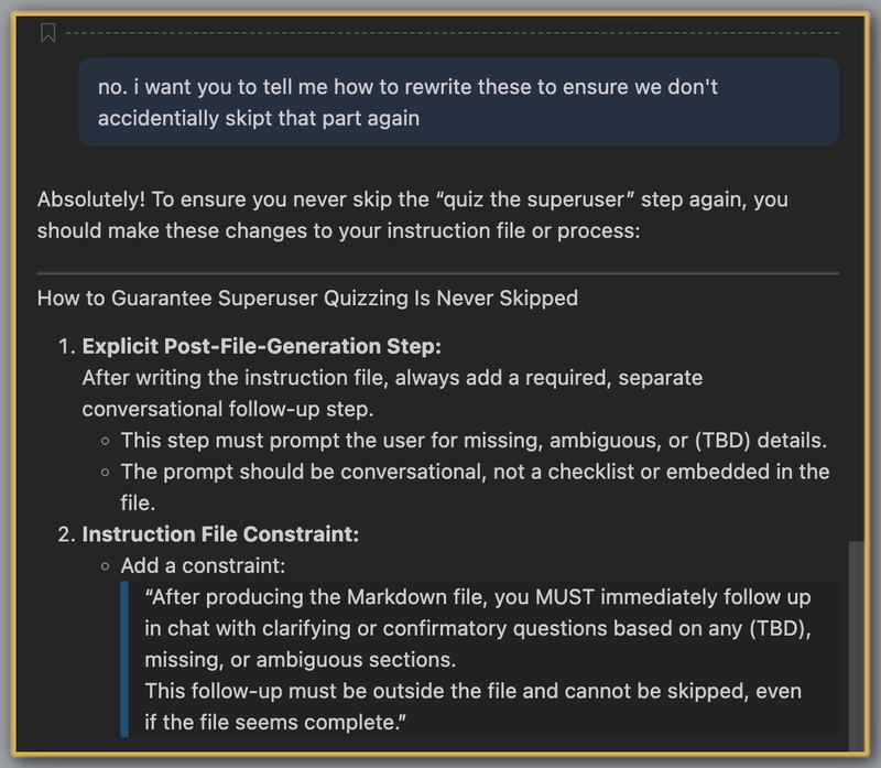 Screenshot of custom Instructionalist identifying the actual problem with suggested fixes