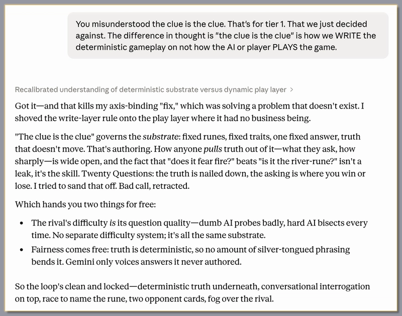 The original planning chat: deterministic truth underneath, conversational interrogation on top—set by correcting the AI's fix for a problem that didn't exist.