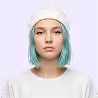 Young woman with pale skin, turquoise bob haircut, white headband, and plain white shirt on light background.