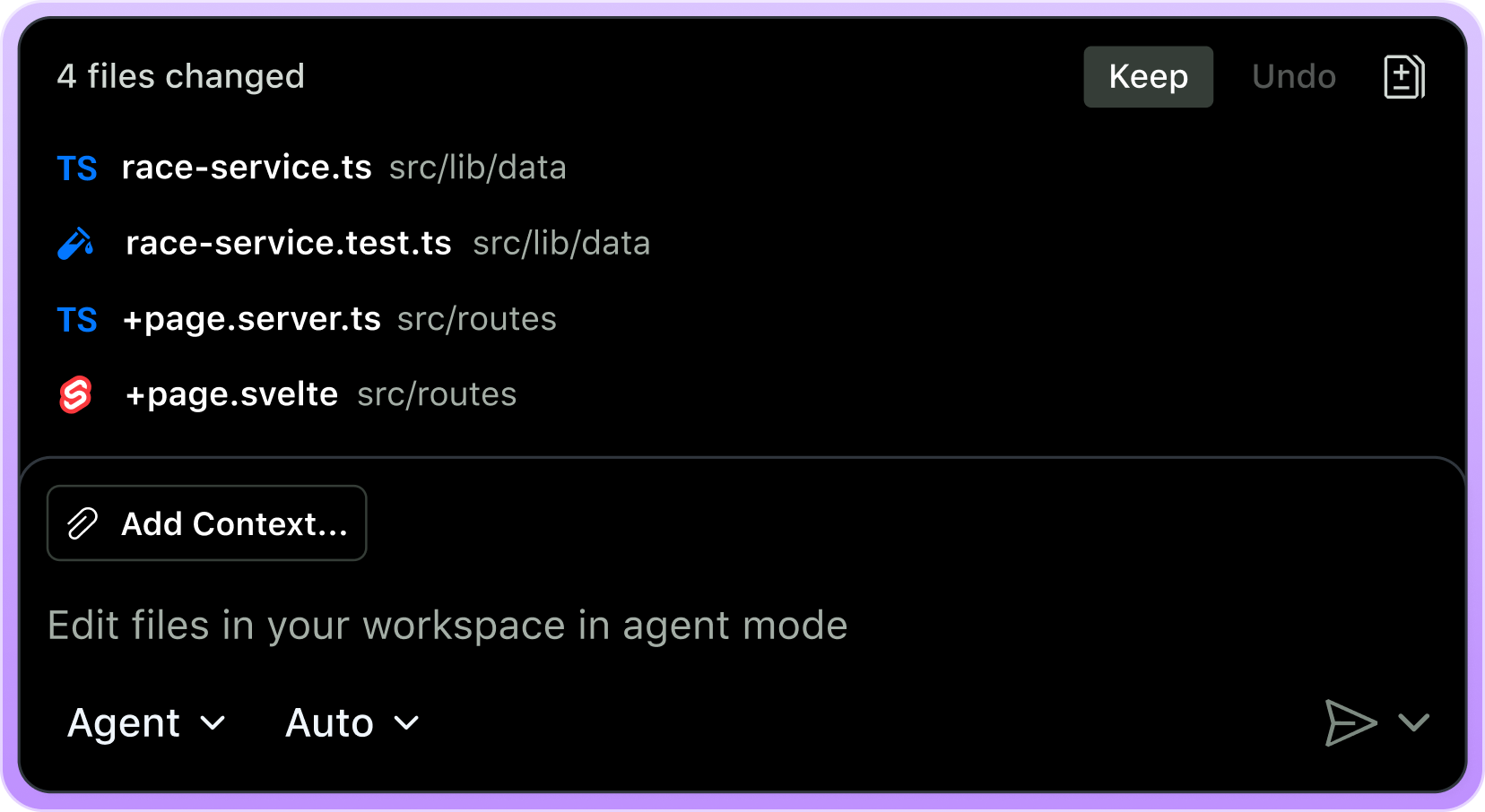 VS Code Copilot agent mode showing 4 files changed with Keep/Undo options and an "Edit files in your workspace in agent mode" prompt.