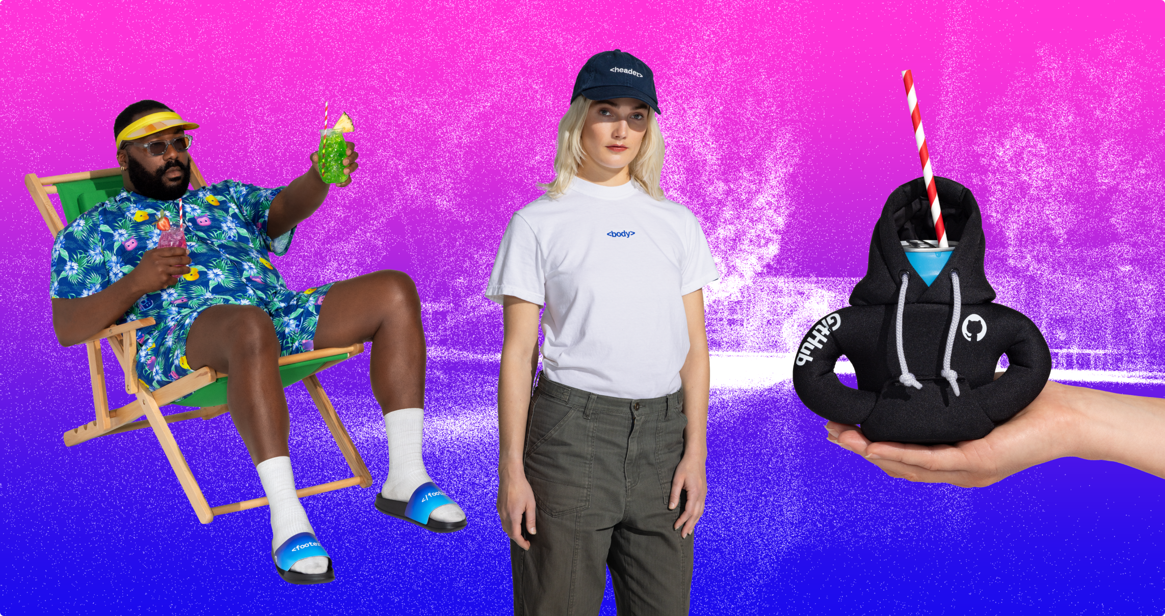 Items from the new ESC collection at the GitHub Shop are featured in front of a colorful background. Items include a hoodie coozie, a tee shirt, and a Cabana set of matching shirt and shorts.