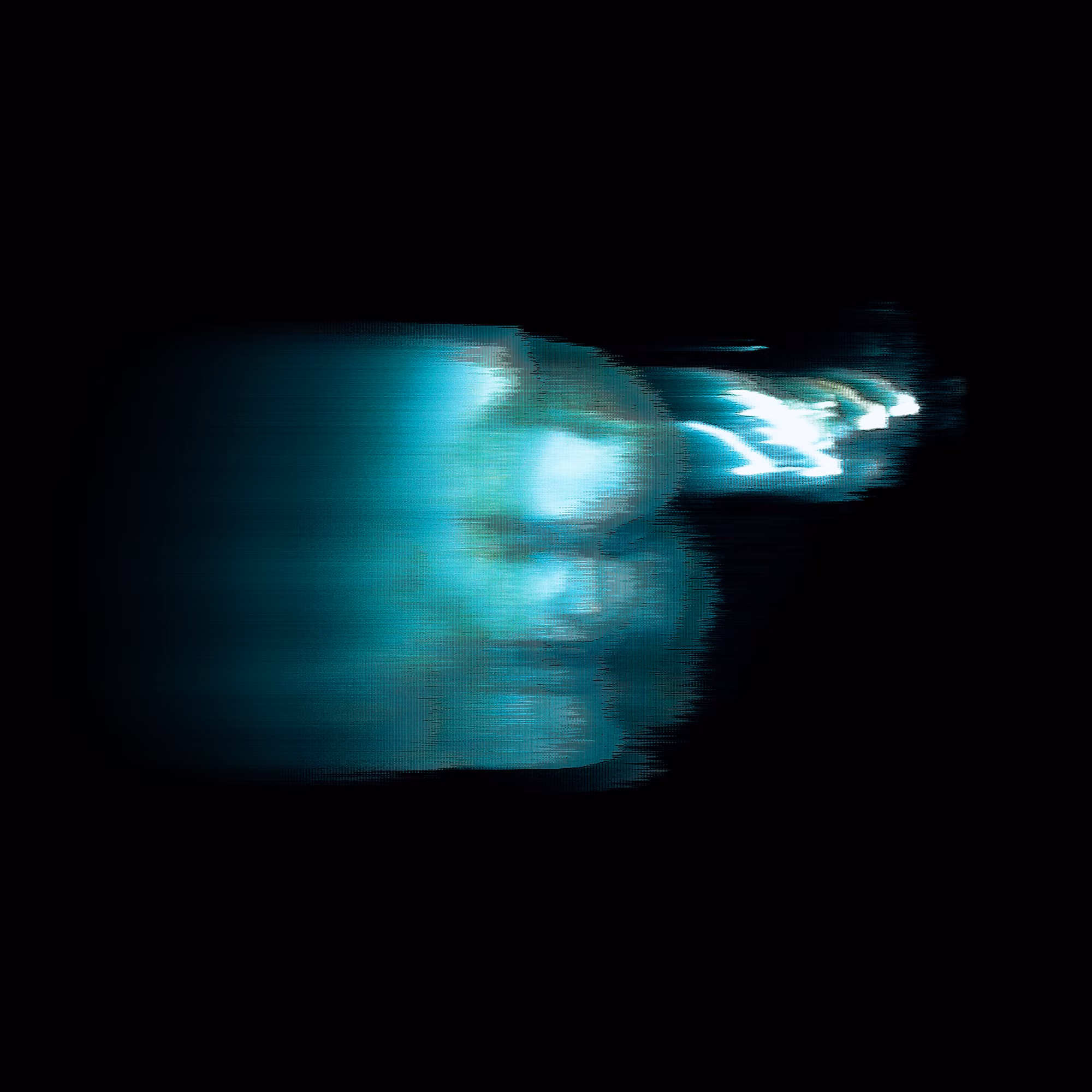Black background with a blue, pixelated image of Phoebe Bridgers