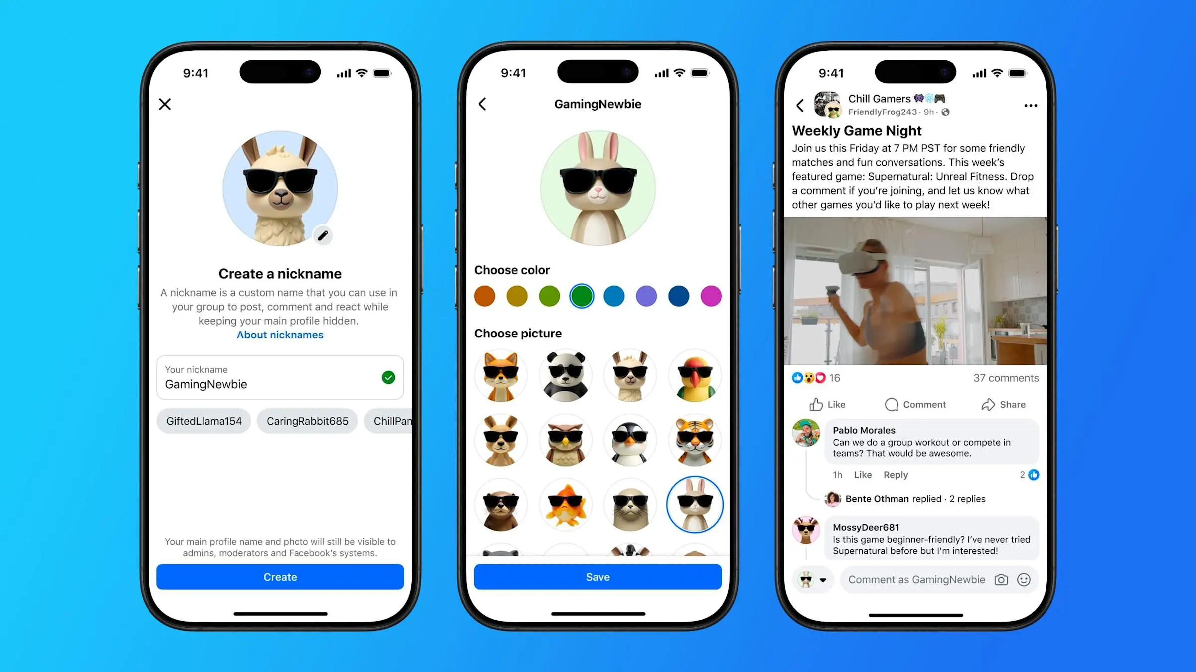 Images showing options to create nicknames in Facebook Groups.
