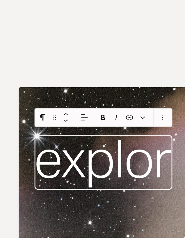 WordPress editor interface with large text reading “explore” on a space-themed background.