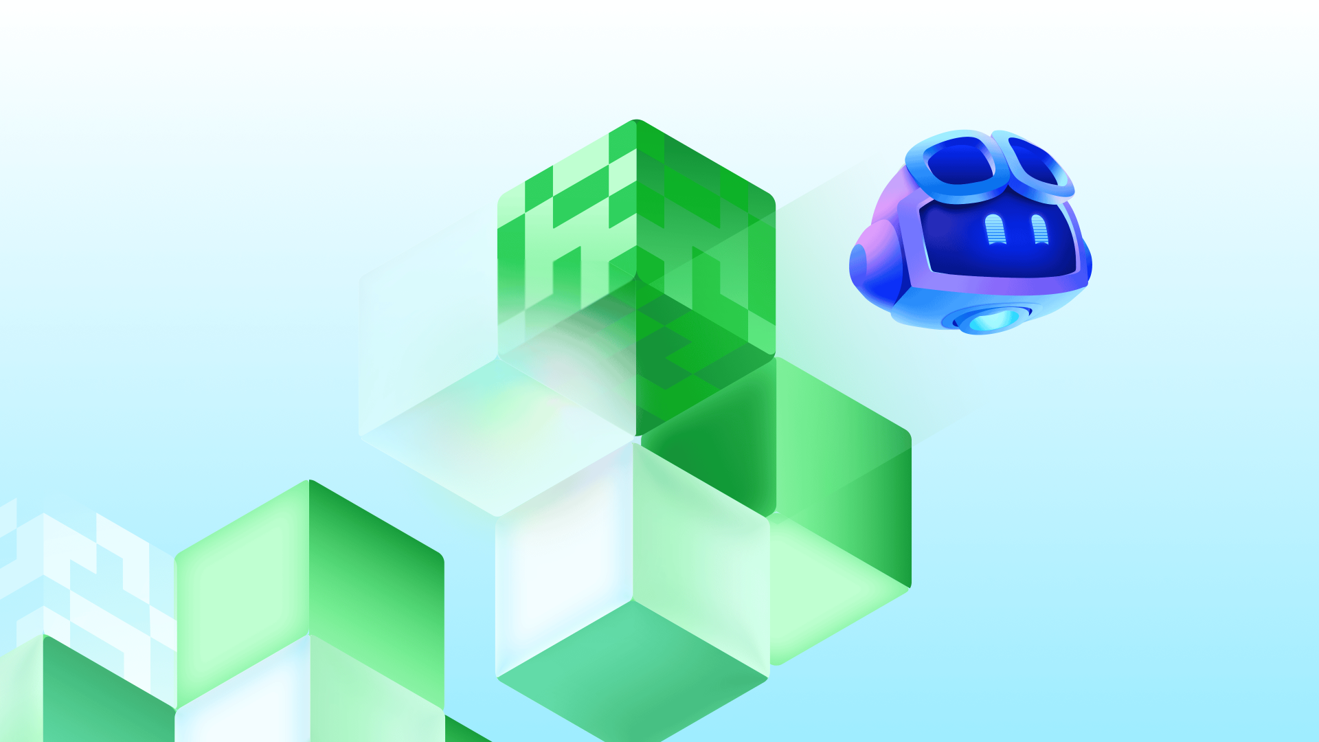 Copilot hovering beside a cluster of geometric cubes in a decorative scene.