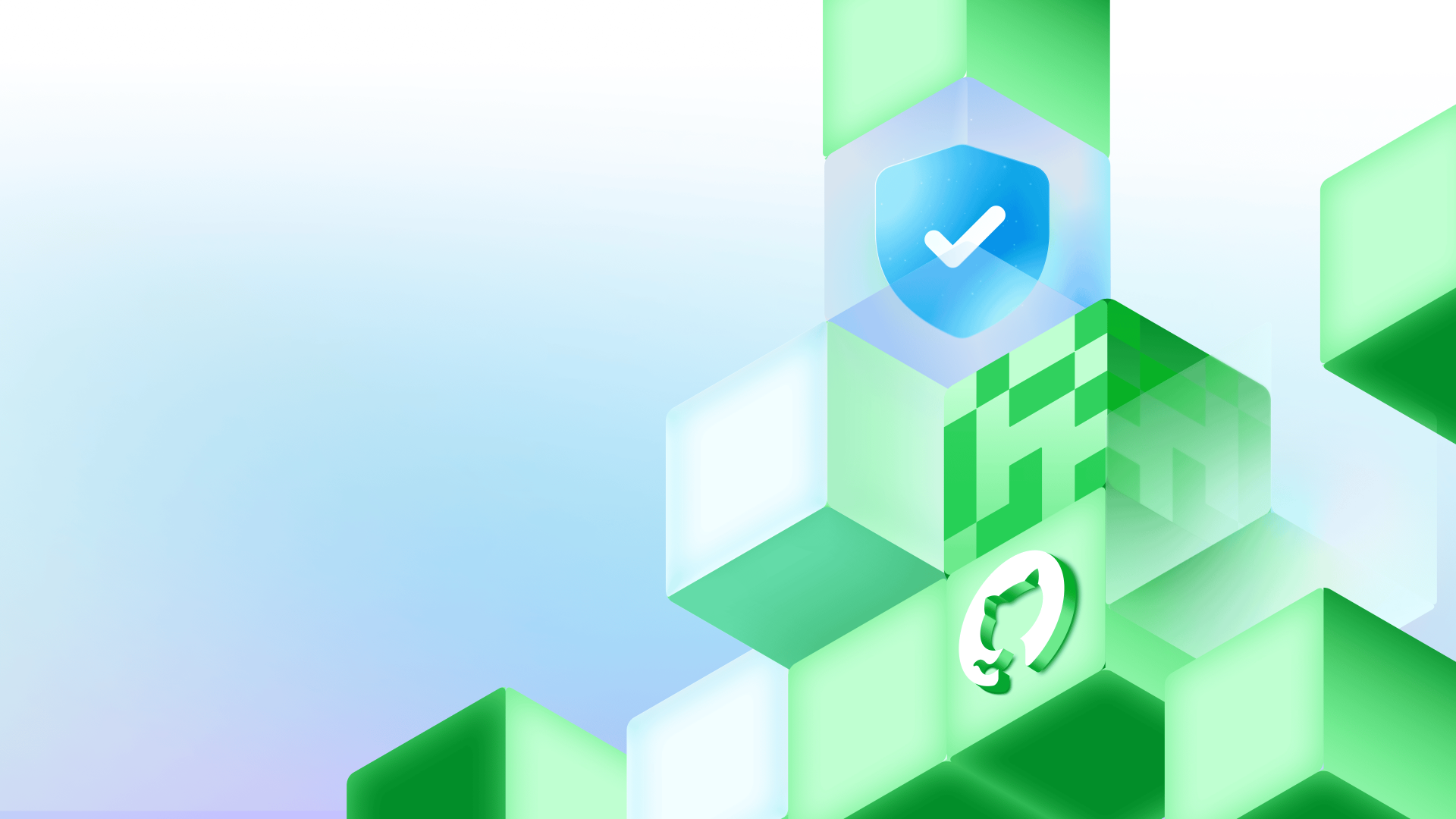 An abstract graphic featuring stacked cubes with a security checkmark shield and the GitHub invertocat logo.