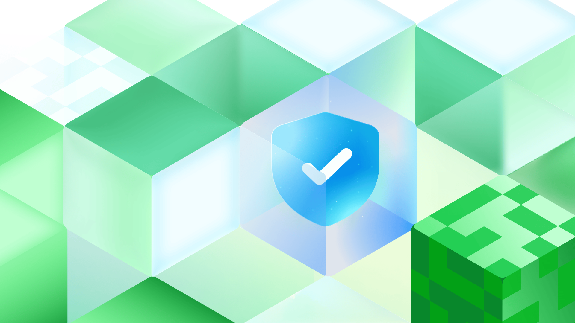 A grid of abstract cubes highlights a central cube displaying a shield with a checkmark to represent security.