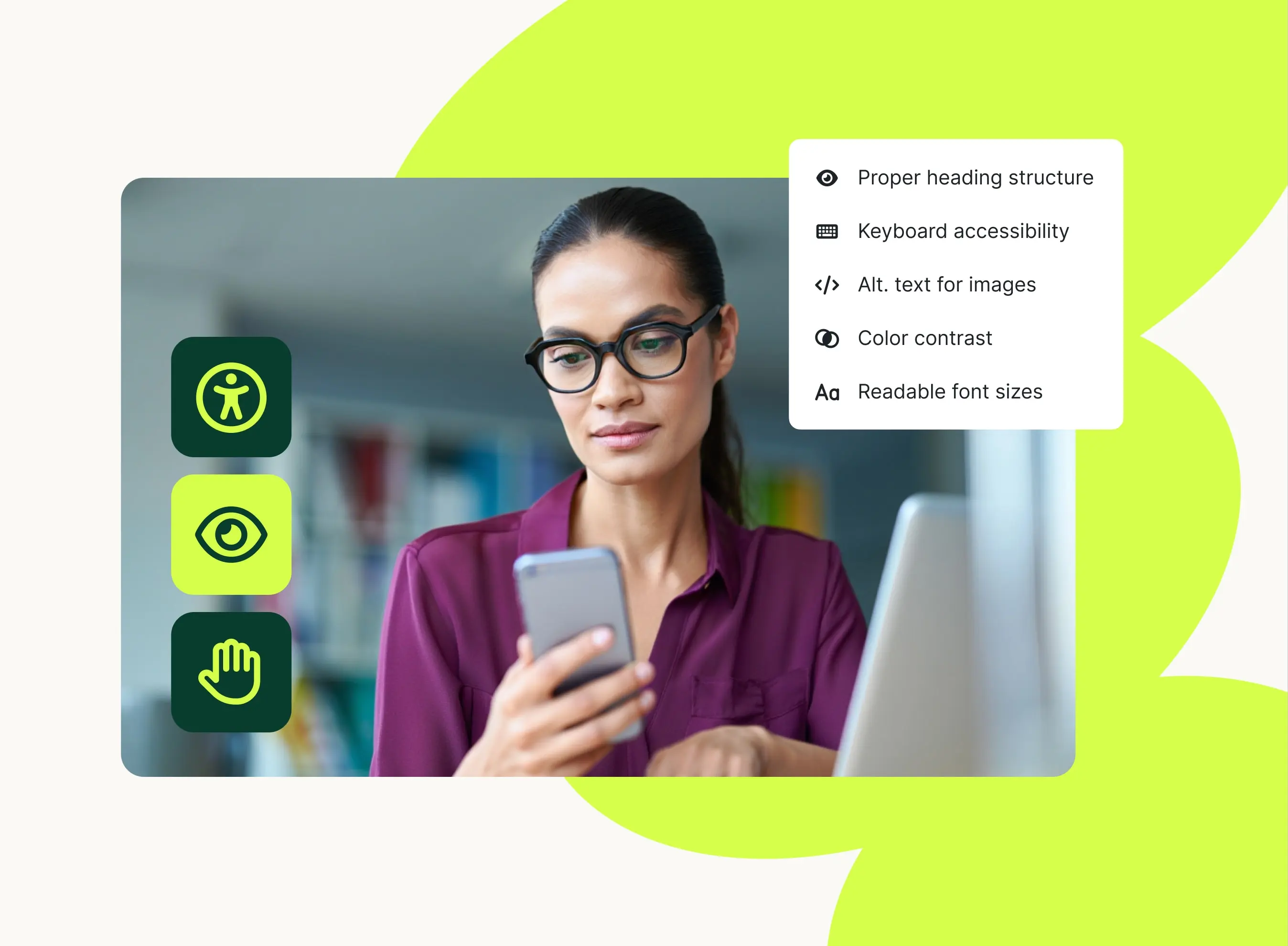 A woman looks at a phone, with overlays of icons representing accessibility