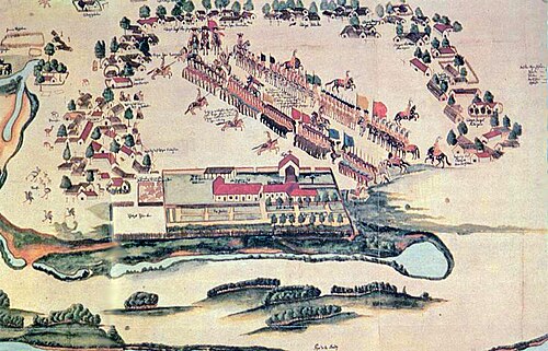 Una reducció guaraní. Al centre de la plaça es realitza un exercici de cavalleria. Per a defensar-se dels atacs, algunes reduccions van ser autoritzades a mantenir milícies armades (Lorian Pauke, segle&nbsp;xviii)