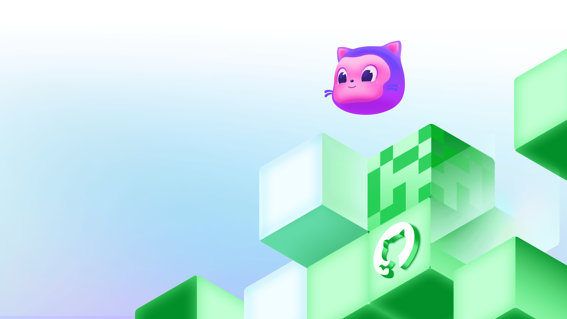 Mona floats above green geometric blocks that include a GitHub invertocat logo in a decorative scene.