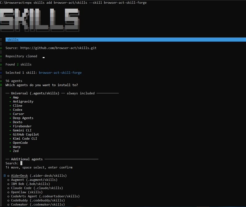 Running the Skill Forge installation command in BrowserAct