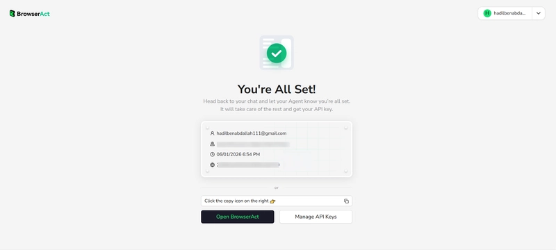 BrowserAct dashboard displaying the generated API key