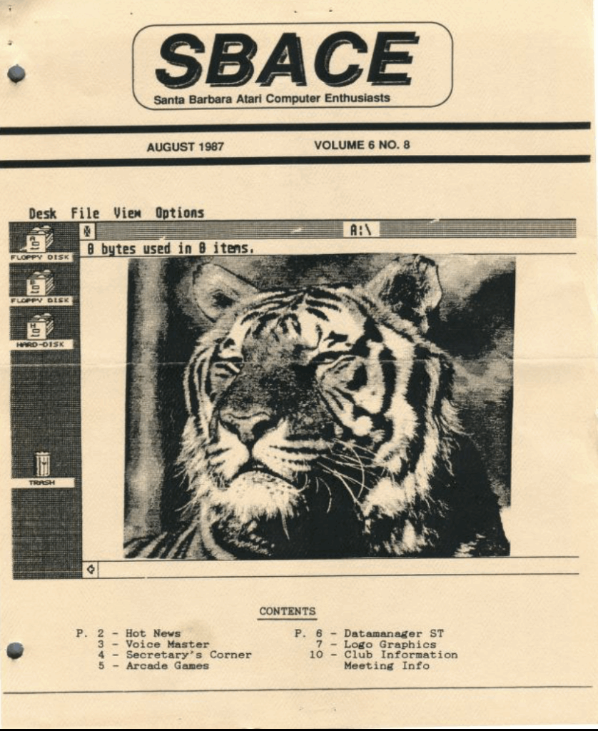 A screenshot of a desktop publishing system on the Atari ST, with an image of a lion in the frame, on the cover of the Santa Barbara Atari Computer Enthusiasts newsletter.
