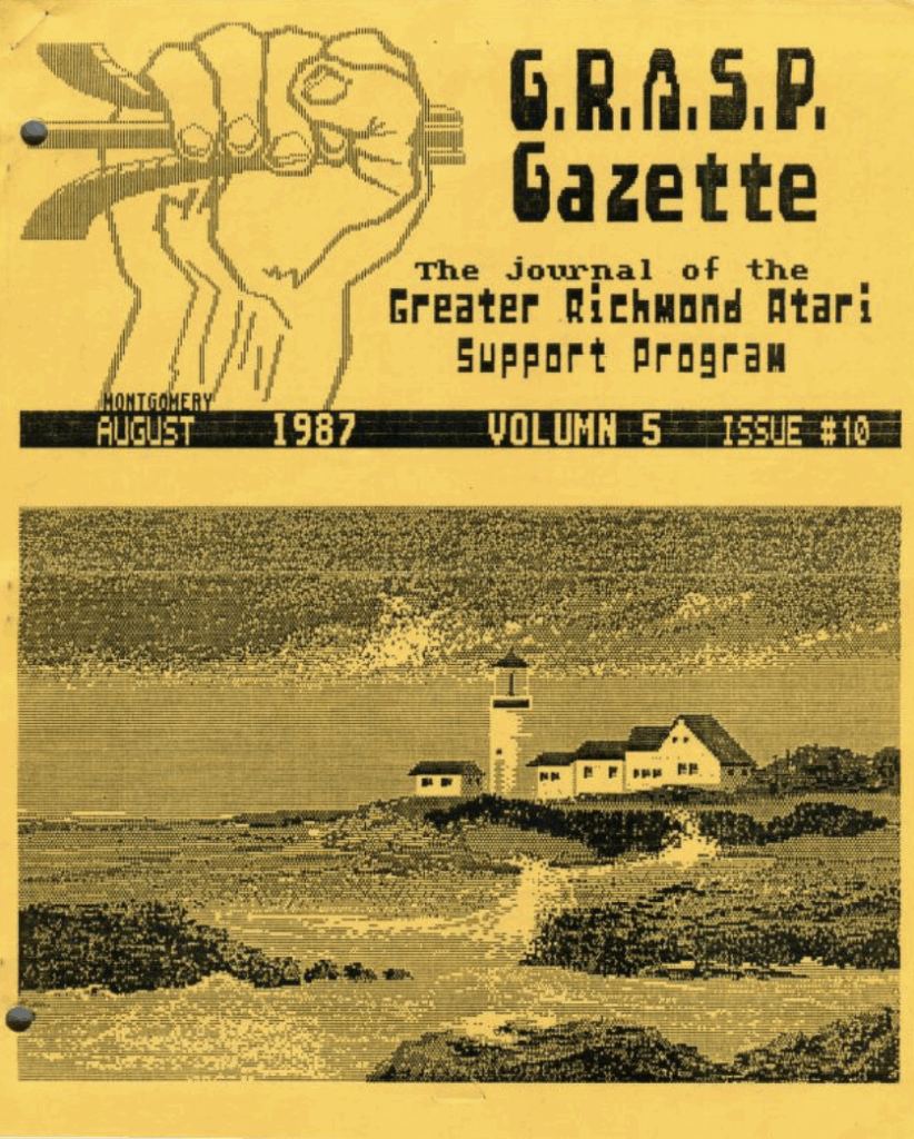 A seashore and lighthouse rendered in low-res printout appear on the cover of the GRASP Gazette, the newsletter of the Greater Richmond Atari Support Program