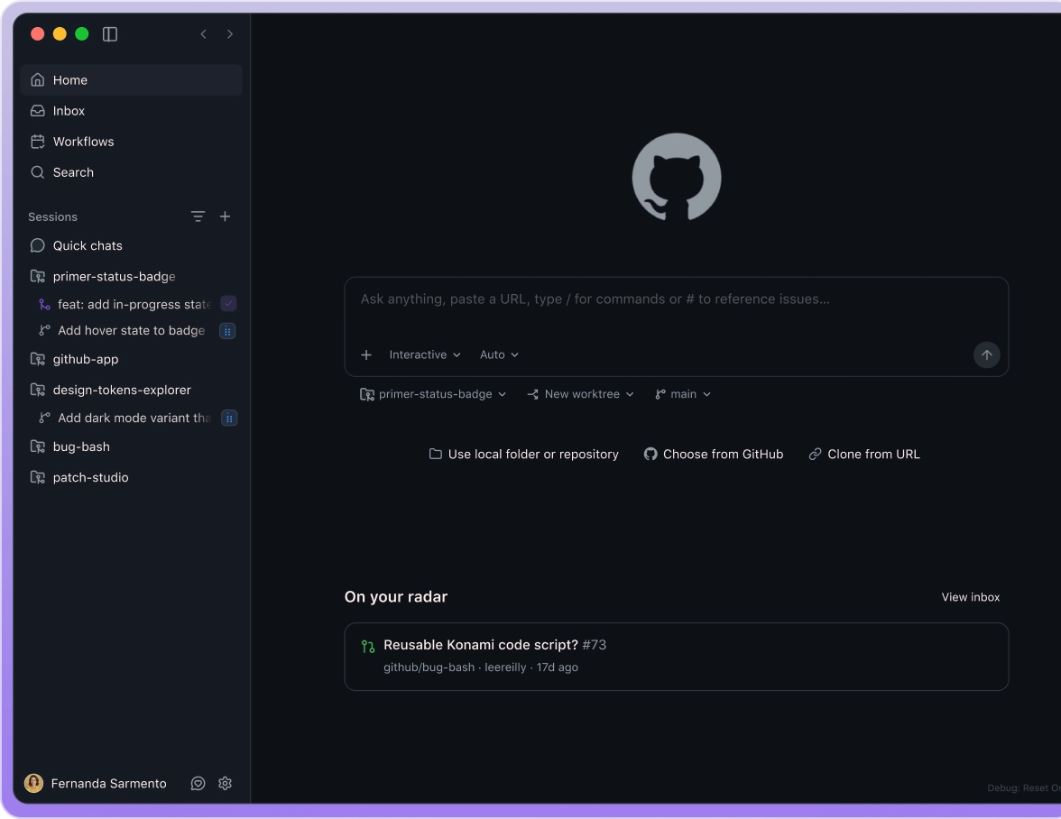 GitHub Copilot desktop app showing a unified workspace for managing repositories, coding sessions, issues, and AI-assisted development workflows.